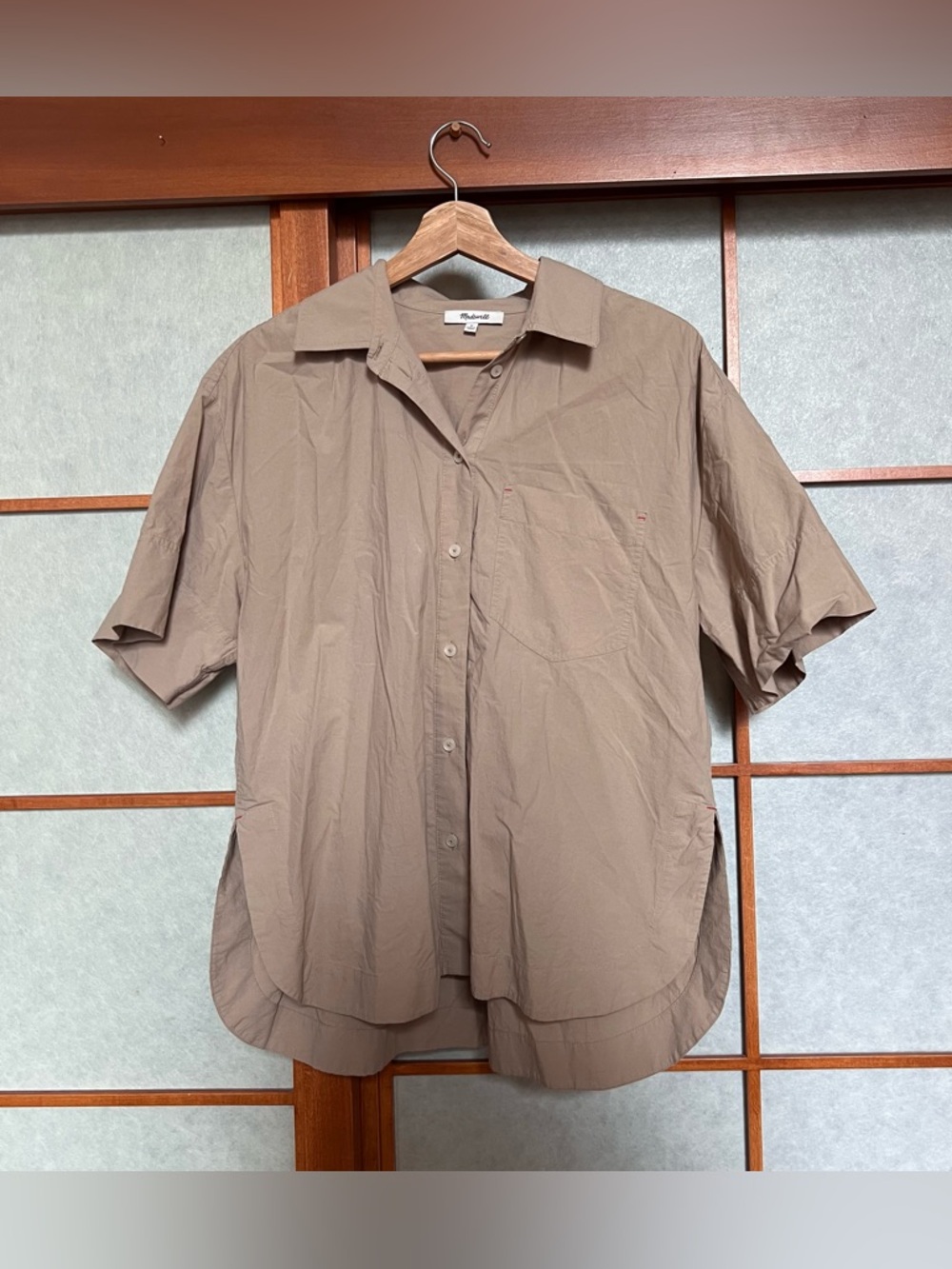 Madewell Poplin Oversized Boxy Button Up Short Sleeve Tan Top - Picture 3 of 7